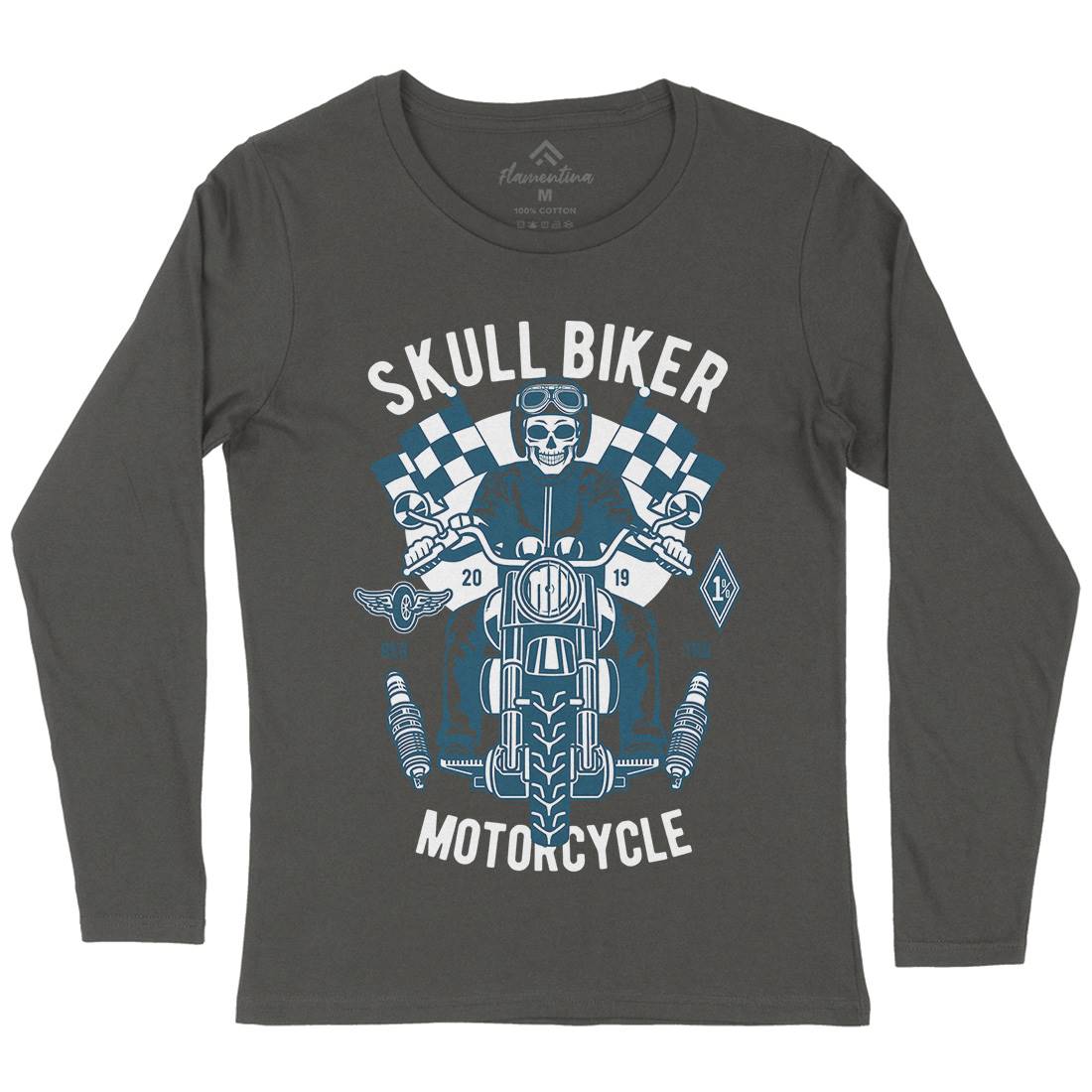 Skull Biker Womens Long Sleeve T-Shirt Motorcycles D575