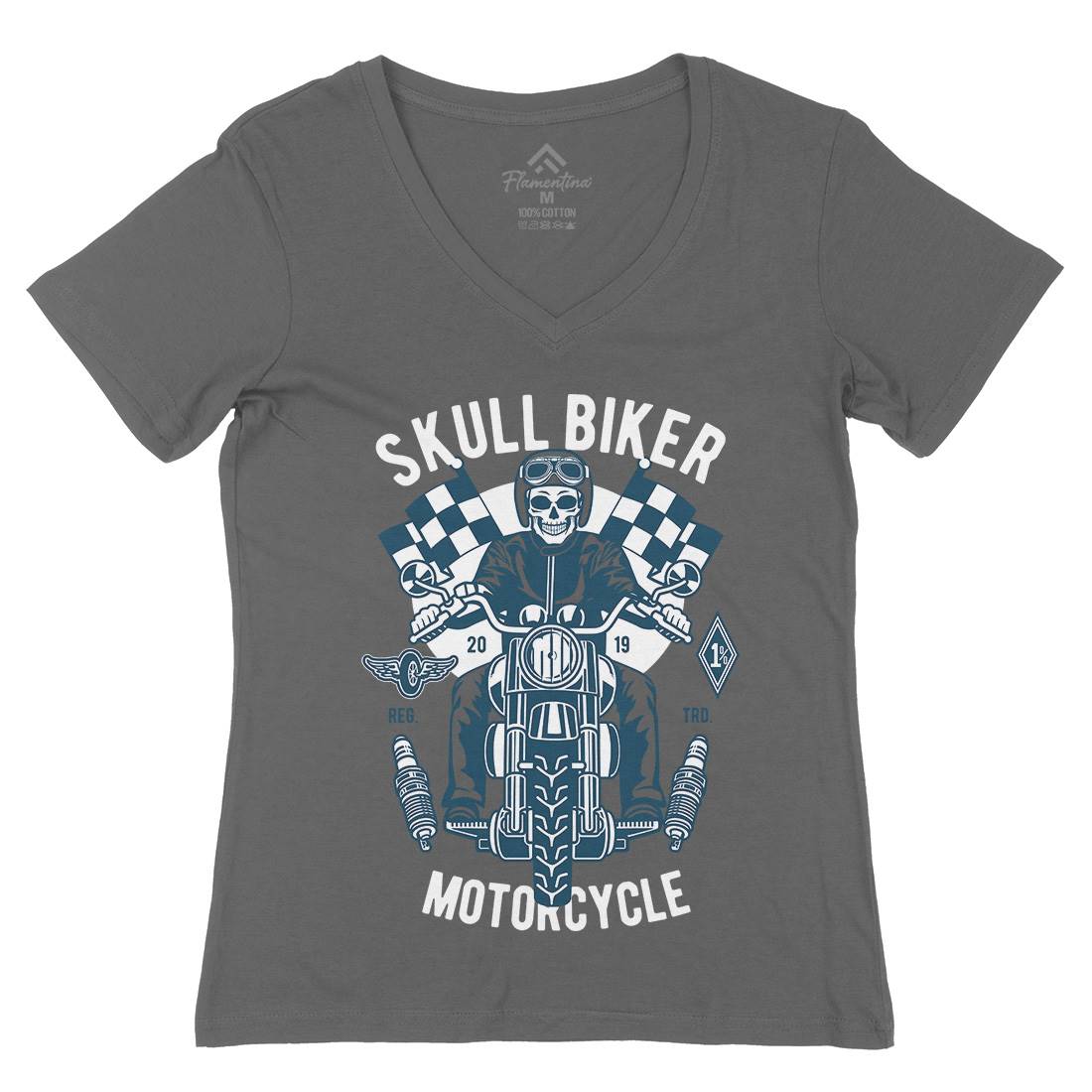 Skull Biker Womens Organic V-Neck T-Shirt Motorcycles D575
