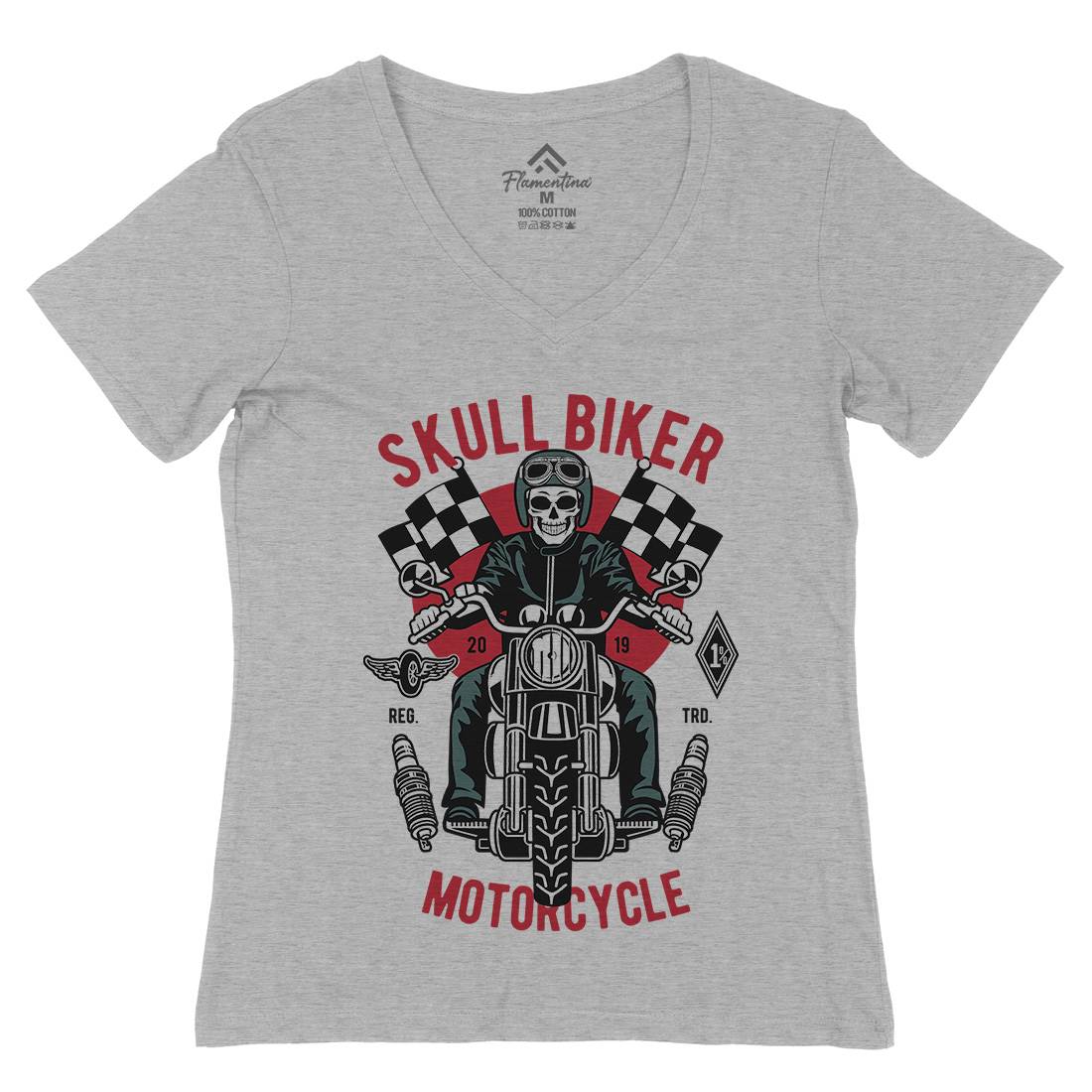 Skull Biker Womens Organic V-Neck T-Shirt Motorcycles D575