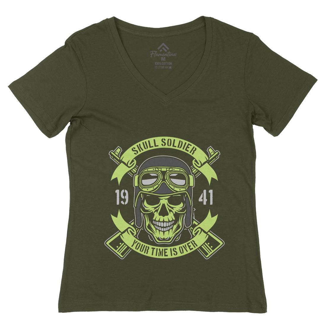 Skull Soldier Womens Organic V-Neck T-Shirt Army D579