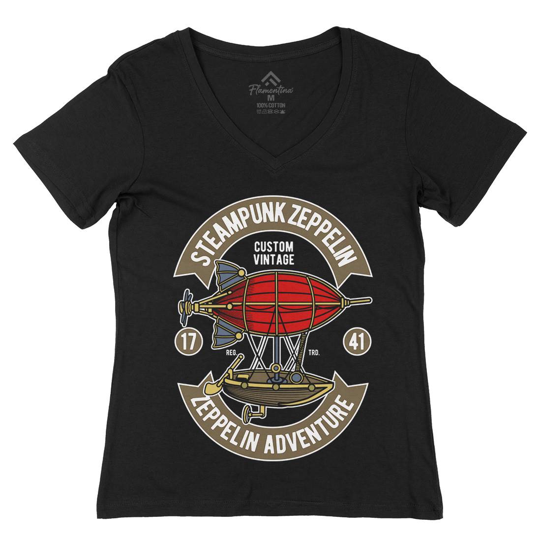 Steampunk Zeppelin Womens Organic V-Neck T-Shirt Vehicles D584