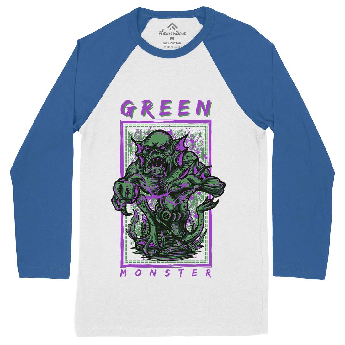 Green Monster Mens Long Sleeve Baseball T-Shirt Horror D603