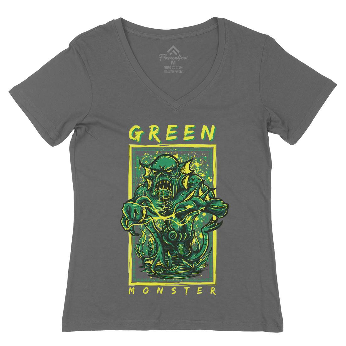 Green Monster Womens Organic V-Neck T-Shirt Horror D603