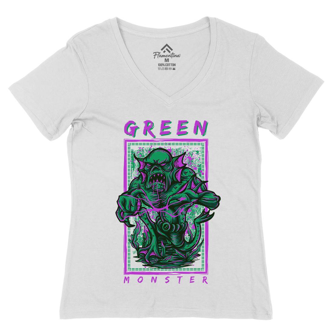 Green Monster Womens Organic V-Neck T-Shirt Horror D603