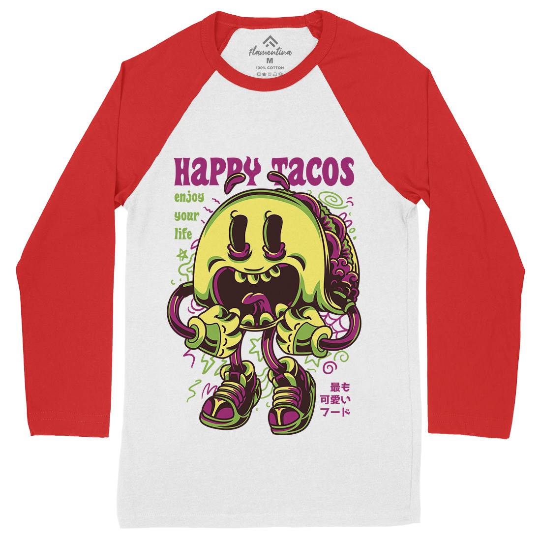 Happy Tacos Mens Long Sleeve Baseball T-Shirt Food D607