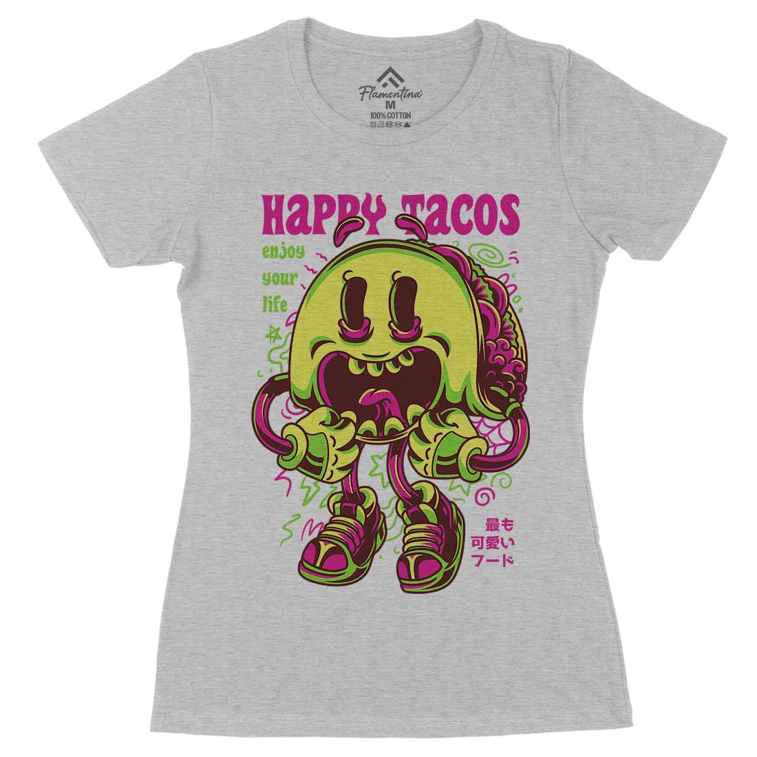 Happy Tacos Womens Organic Crew Neck T-Shirt Food D607