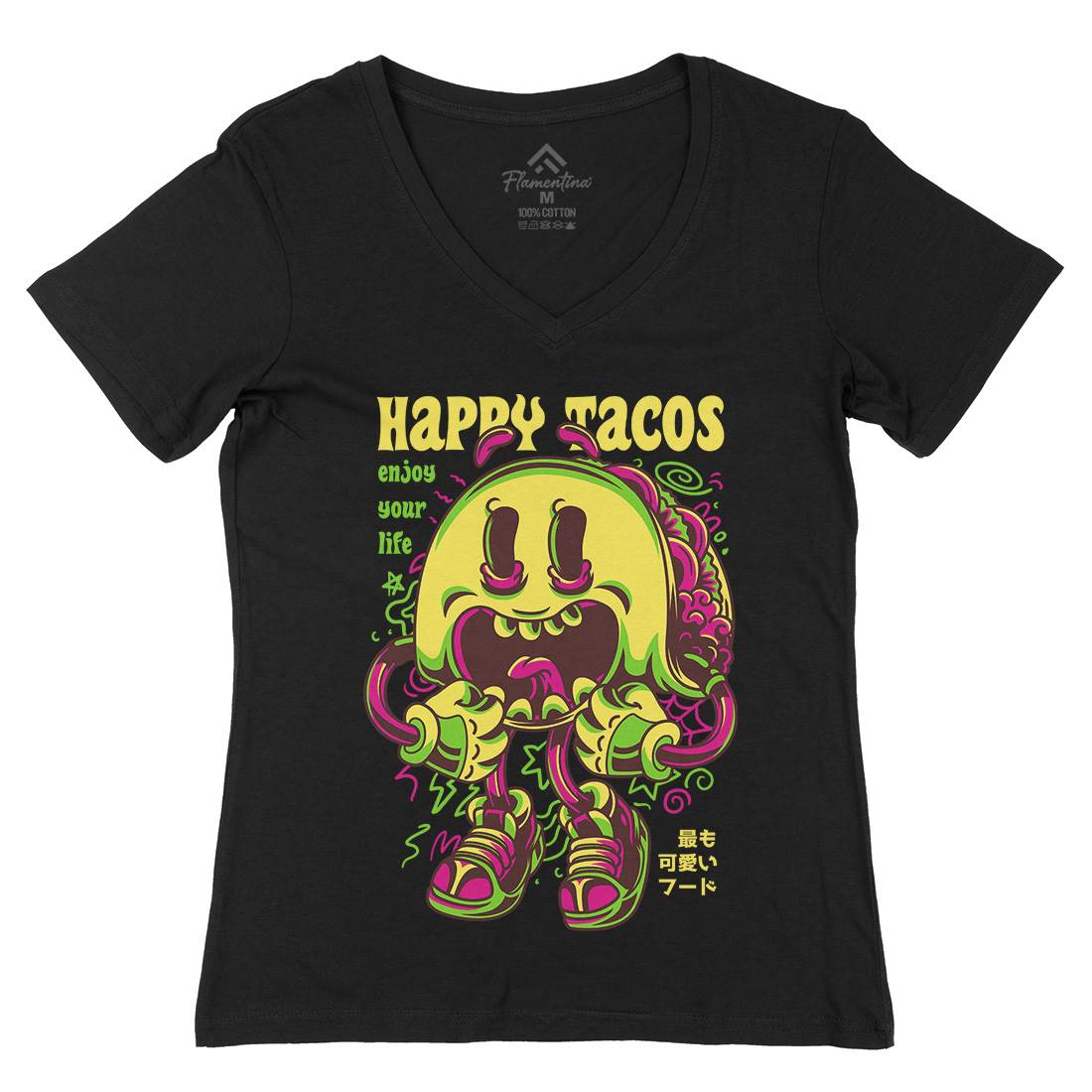 Happy Tacos Womens Organic V-Neck T-Shirt Food D607