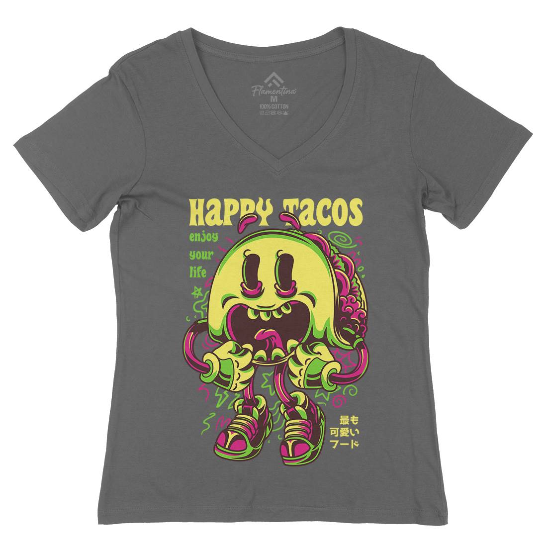 Happy Tacos Womens Organic V-Neck T-Shirt Food D607