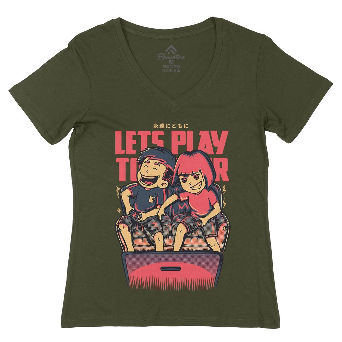 Lets Play Together Womens Organic V-Neck T-Shirt Geek D635