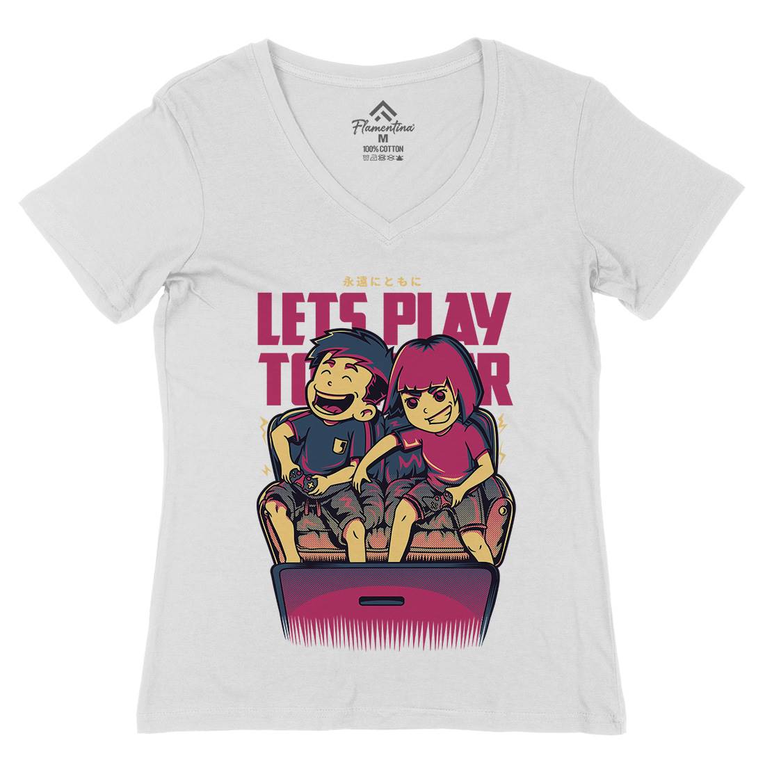 Lets Play Together Womens Organic V-Neck T-Shirt Geek D635