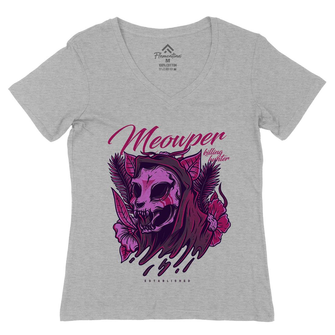 Meow Purr Womens Organic V-Neck T-Shirt Horror D651