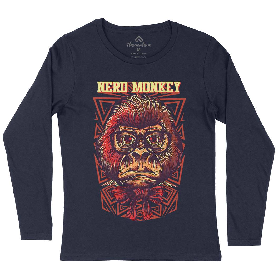 Nerd Monkey Womens Long Sleeve T-Shirt Animals D664