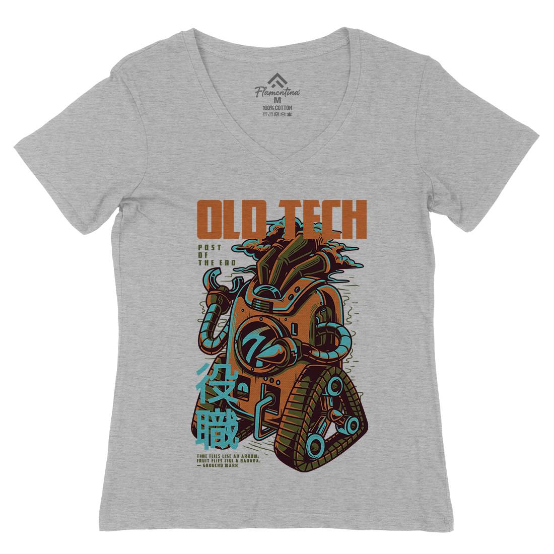 Old Tech Womens Organic V-Neck T-Shirt Space D671