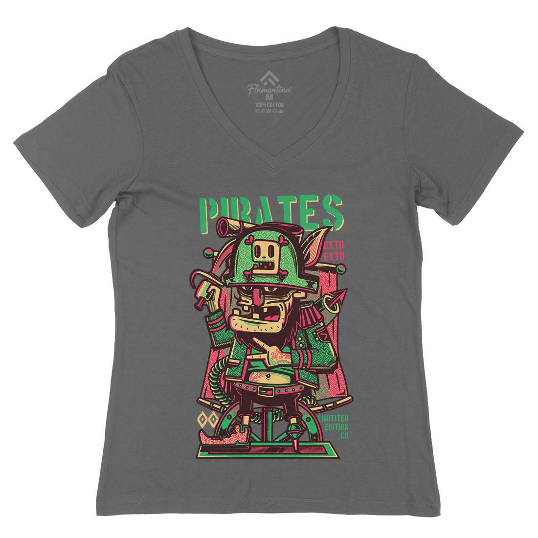 Pirates Womens Organic V-Neck T-Shirt Navy D678