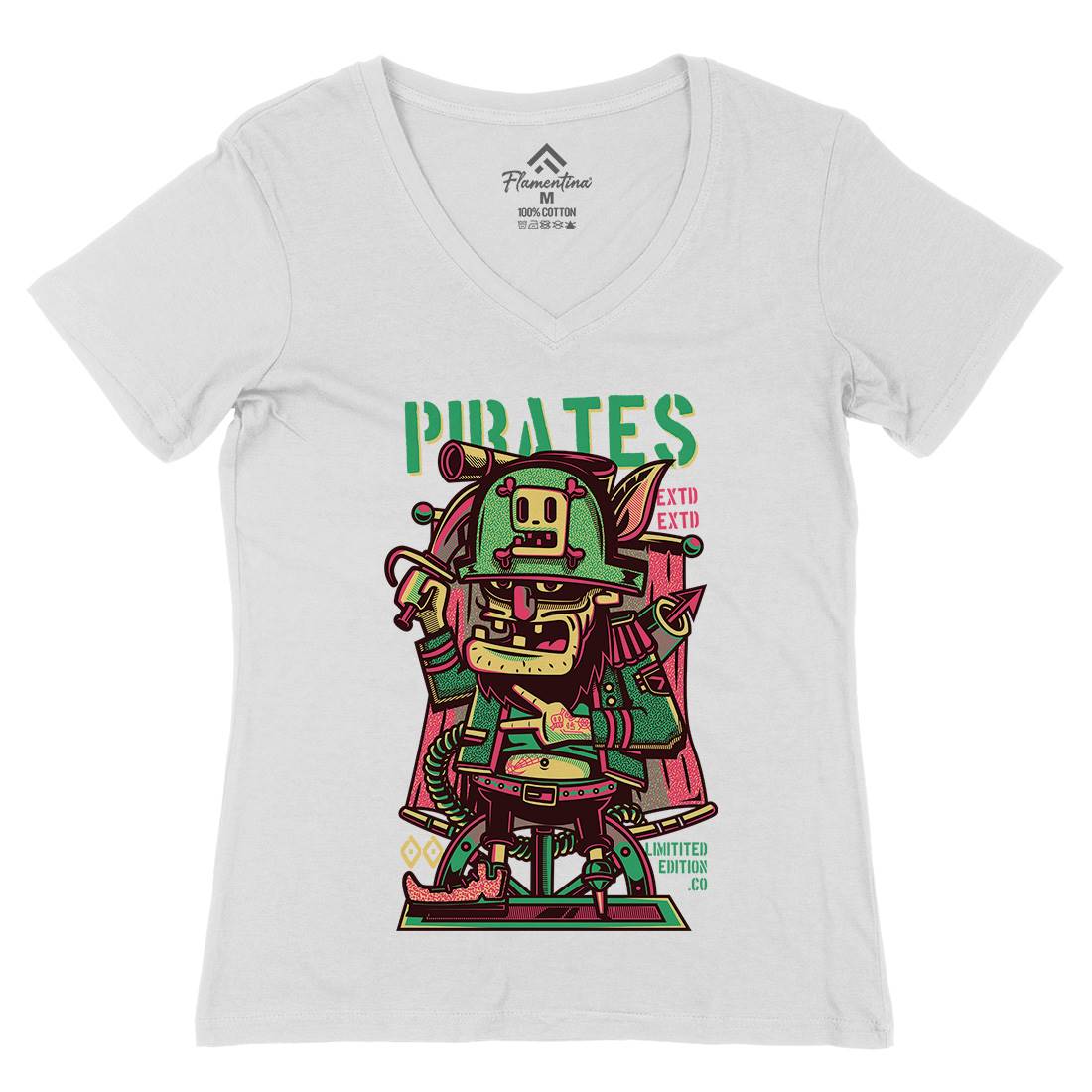 Pirates Womens Organic V-Neck T-Shirt Navy D678