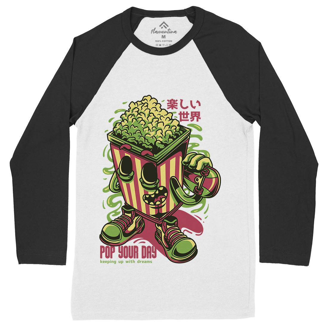 Popcorn Mens Long Sleeve Baseball T-Shirt Food D681