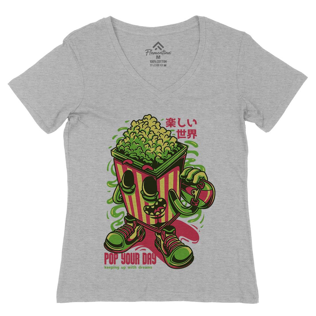 Popcorn Womens Organic V-Neck T-Shirt Food D681