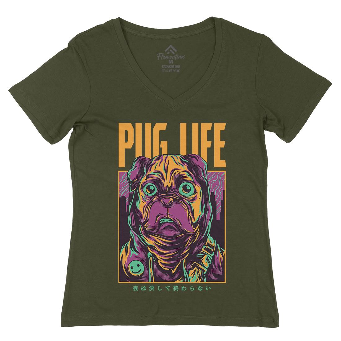 Pug Life Womens Organic V-Neck T-Shirt Animals D684