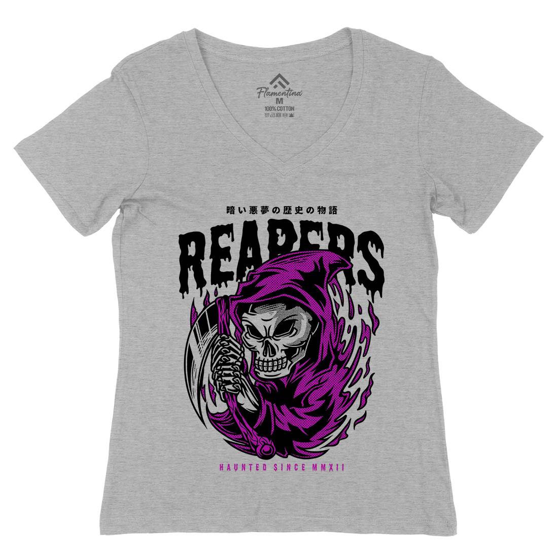 Grim Reaper Womens Organic V-Neck T-Shirt Horror D693