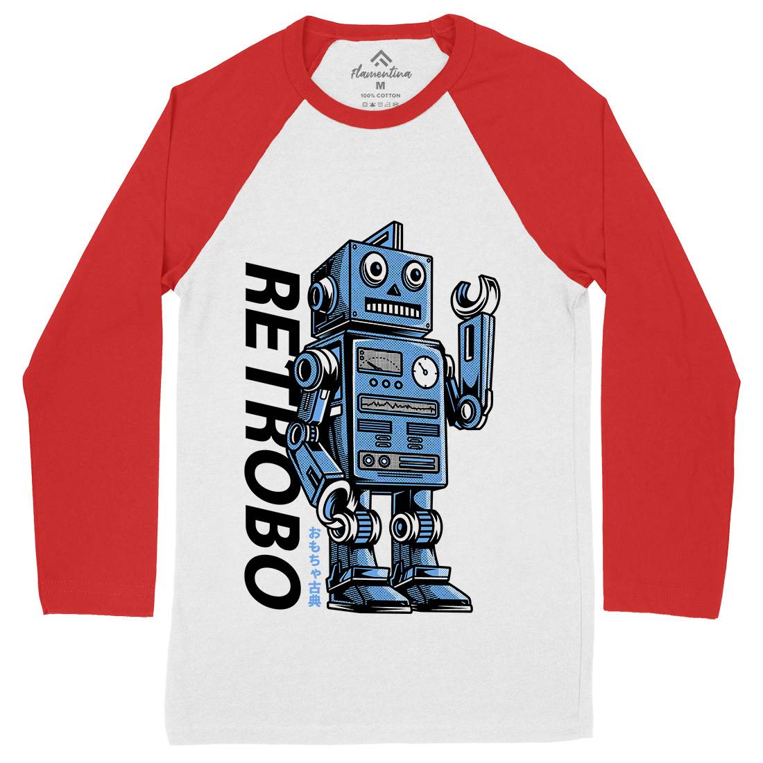 Retro Robot Mens Long Sleeve Baseball T-Shirt Space D696