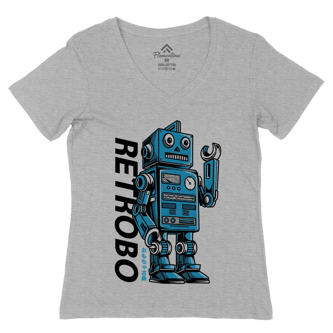 Retro Robot Womens Organic V-Neck T-Shirt Space D696