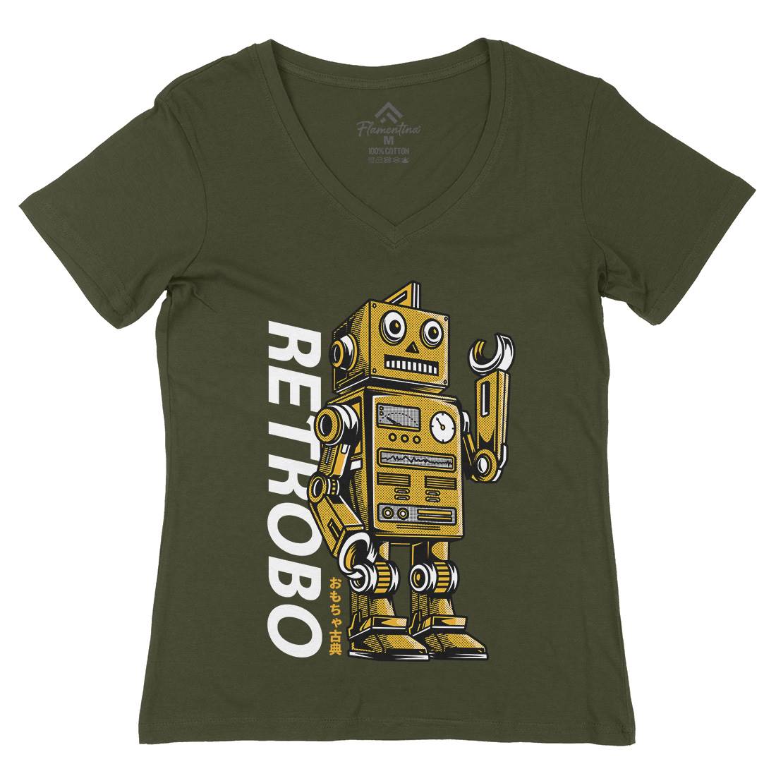 Retro Robot Womens Organic V-Neck T-Shirt Space D696