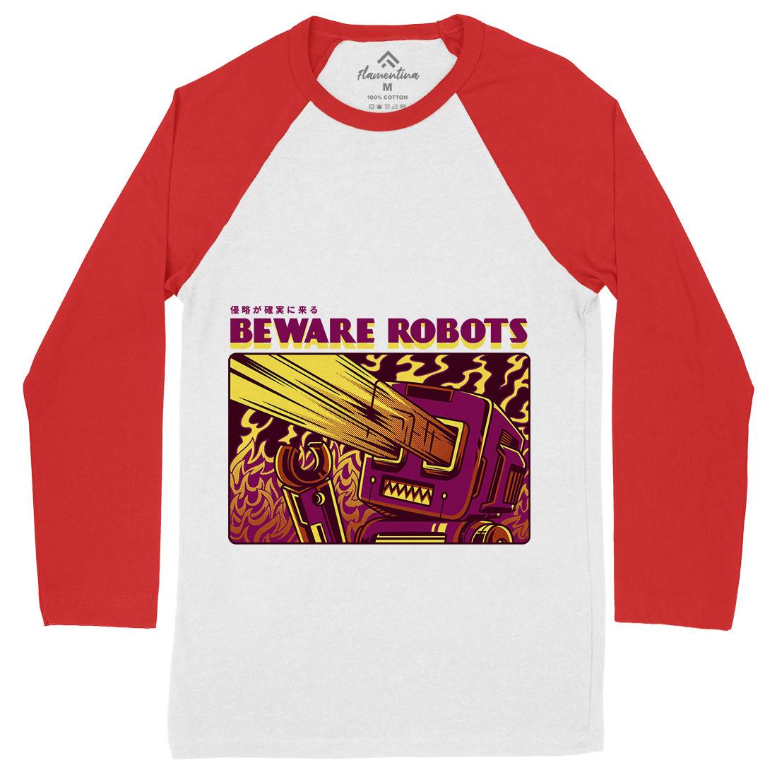 Beware Robots Mens Long Sleeve Baseball T-Shirt Space D714
