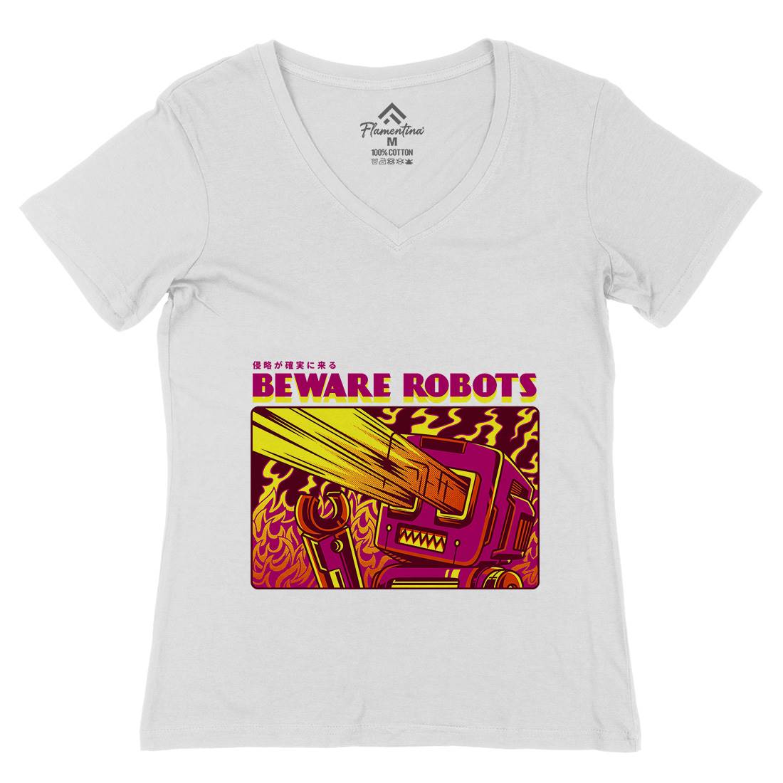 Beware Robots Womens Organic V-Neck T-Shirt Space D714