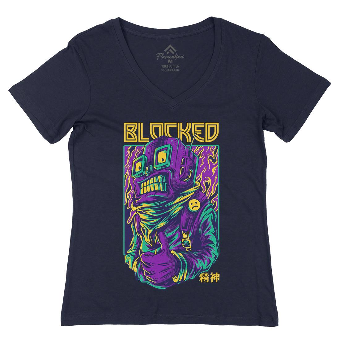 Blocked Robot Womens Organic V-Neck T-Shirt Space D715