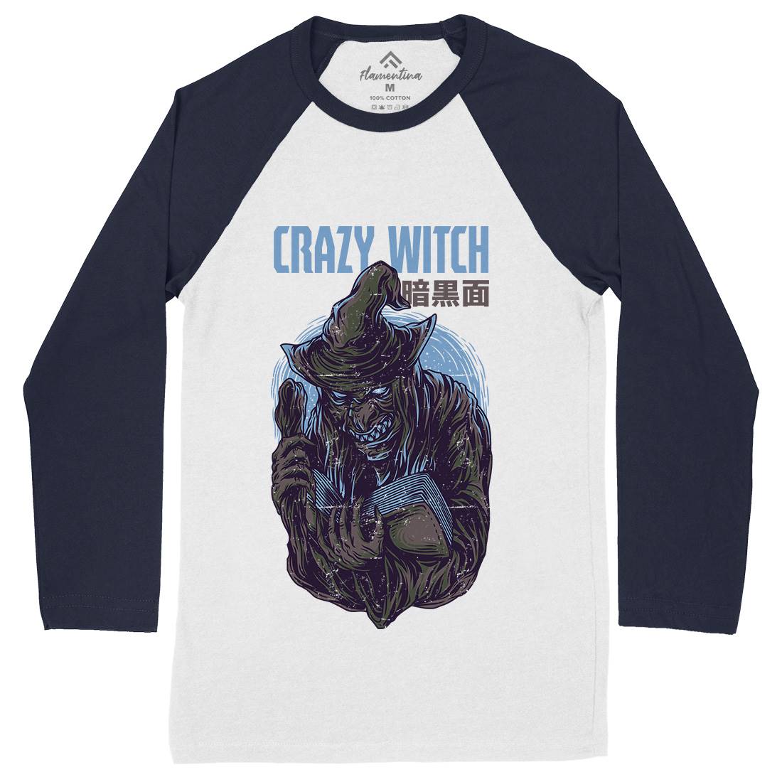 Crazy Witch Mens Long Sleeve Baseball T-Shirt Horror D737