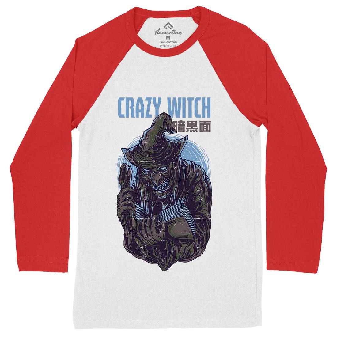 Crazy Witch Mens Long Sleeve Baseball T-Shirt Horror D737