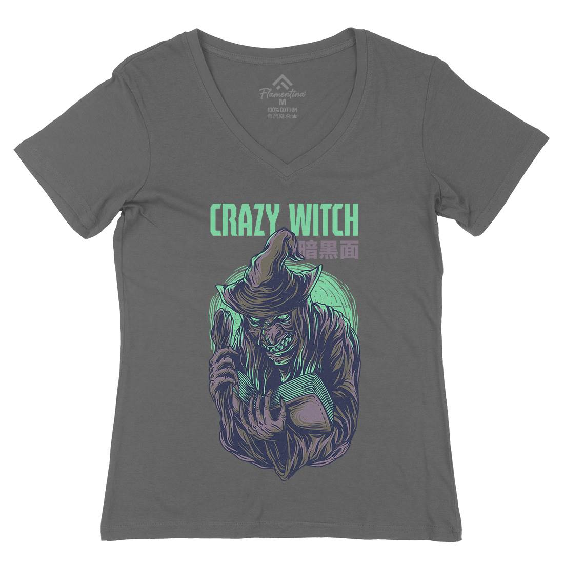Crazy Witch Womens Organic V-Neck T-Shirt Horror D737
