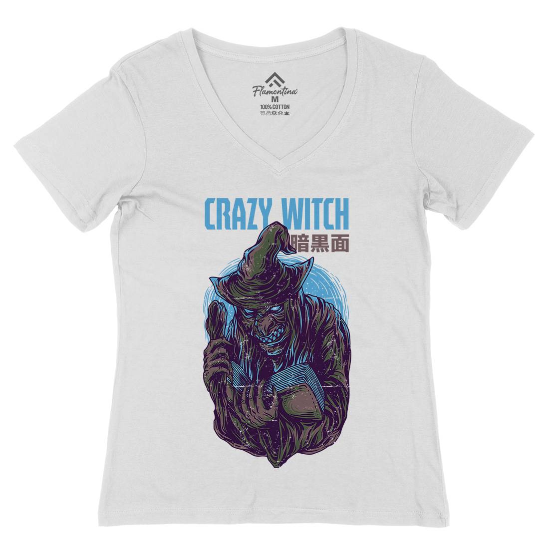 Crazy Witch Womens Organic V-Neck T-Shirt Horror D737