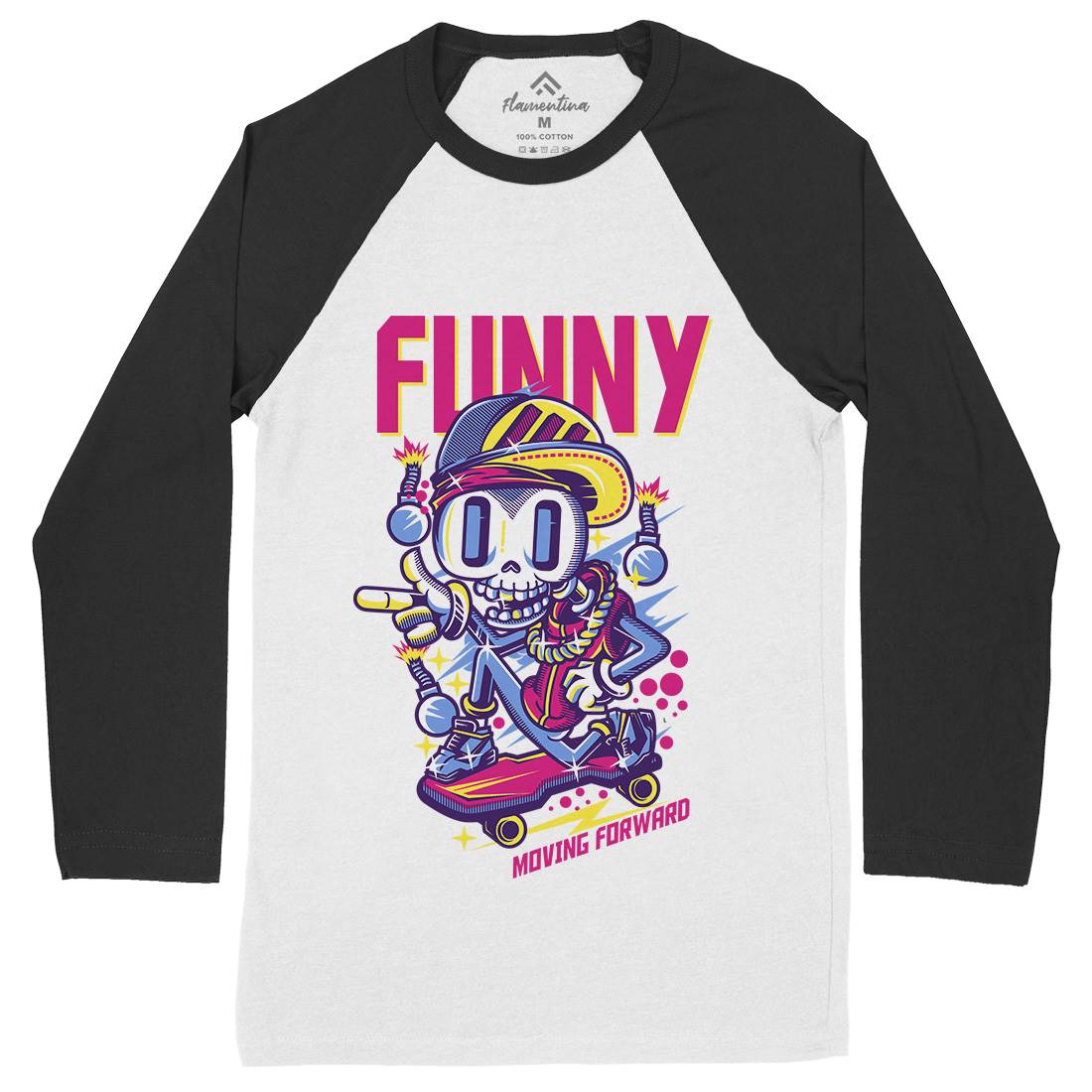 Funny Skull Mens Long Sleeve Baseball T-Shirt Skate D786