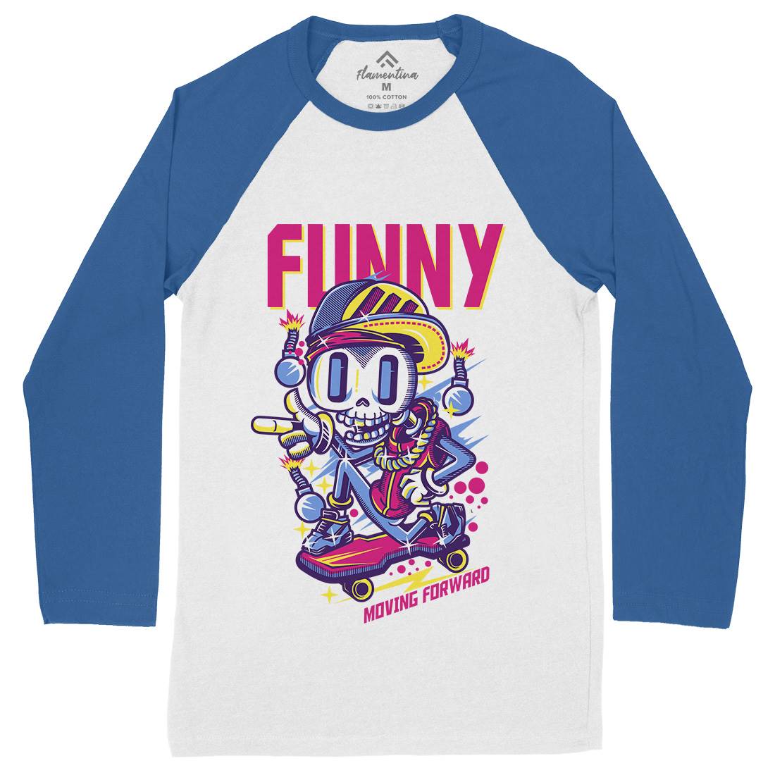 Funny Skull Mens Long Sleeve Baseball T-Shirt Skate D786