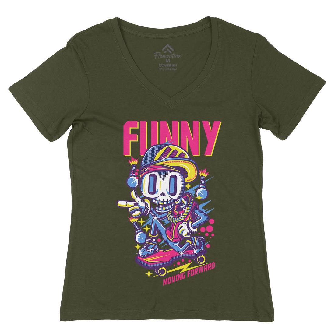 Funny Skull Womens Organic V-Neck T-Shirt Skate D786