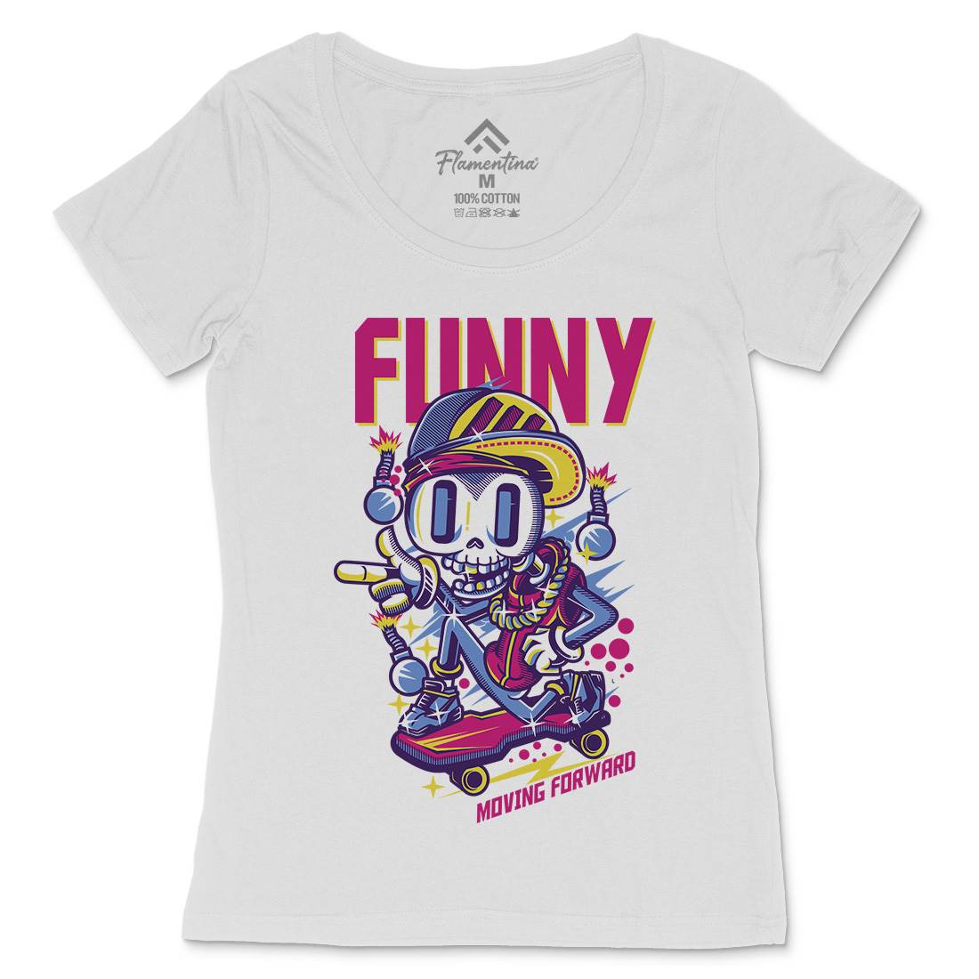Funny Skull Womens Scoop Neck T-Shirt Skate D786