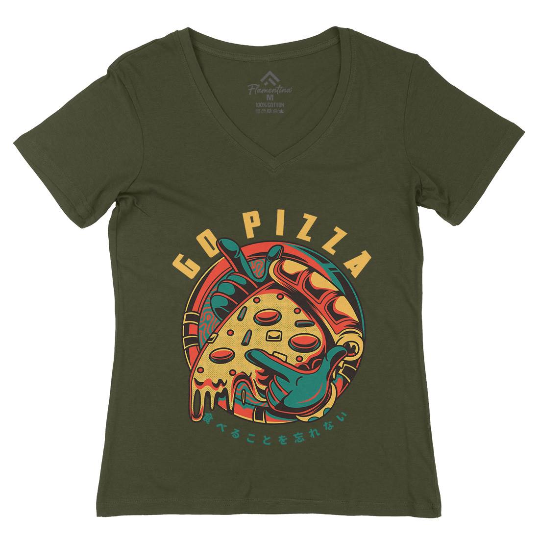 Go Pizza Womens Organic V-Neck T-Shirt Food D795
