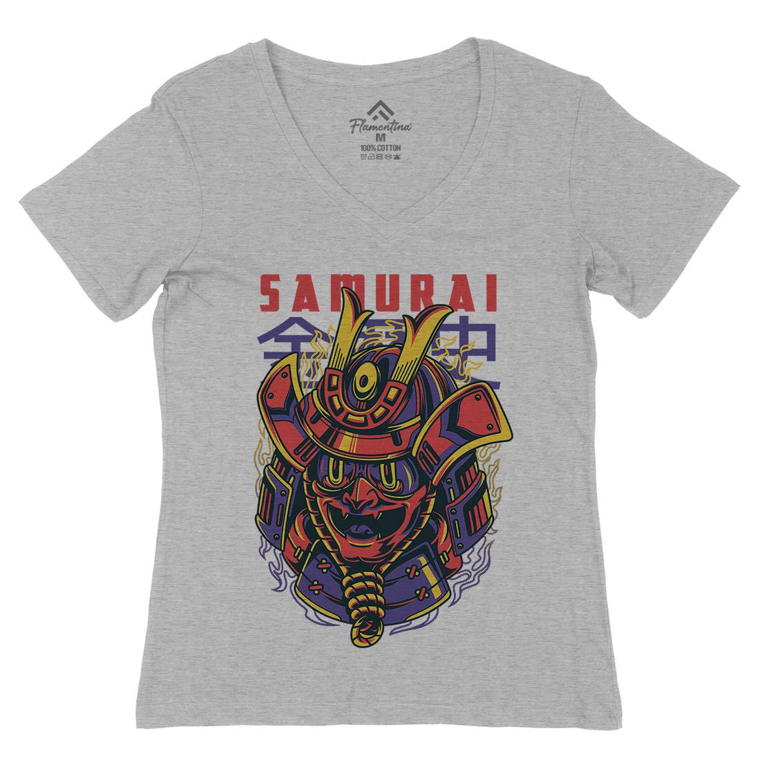 Samurai Mask Womens Organic V-Neck T-Shirt Asian D807