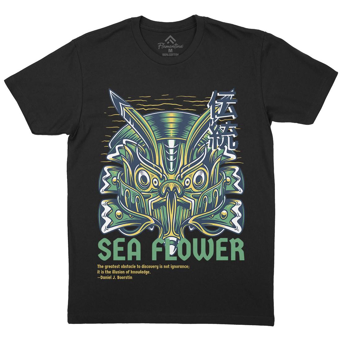 Sea Flower Mens Organic Crew Neck T-Shirt Navy D810