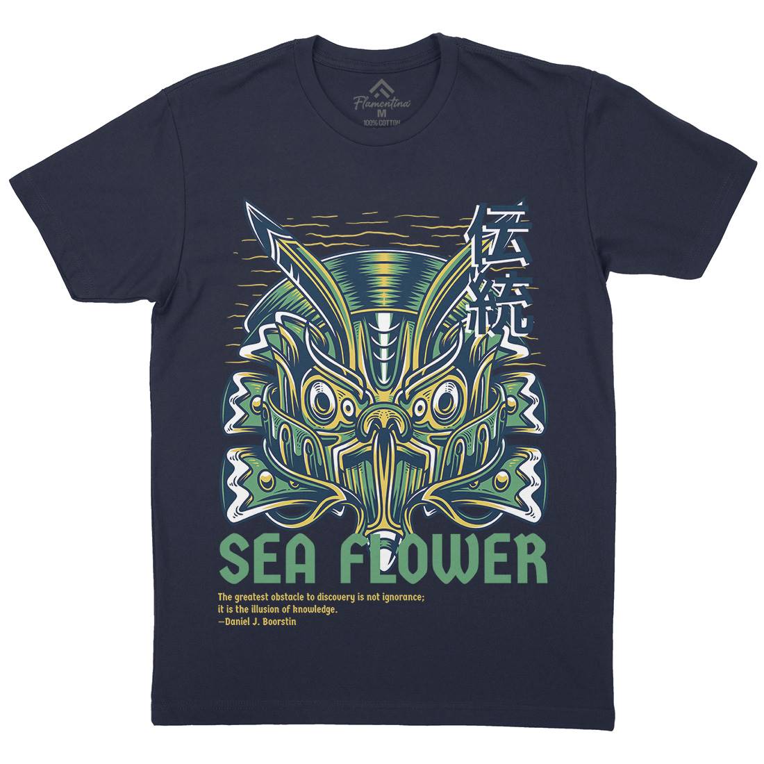 Sea Flower Mens Organic Crew Neck T-Shirt Navy D810