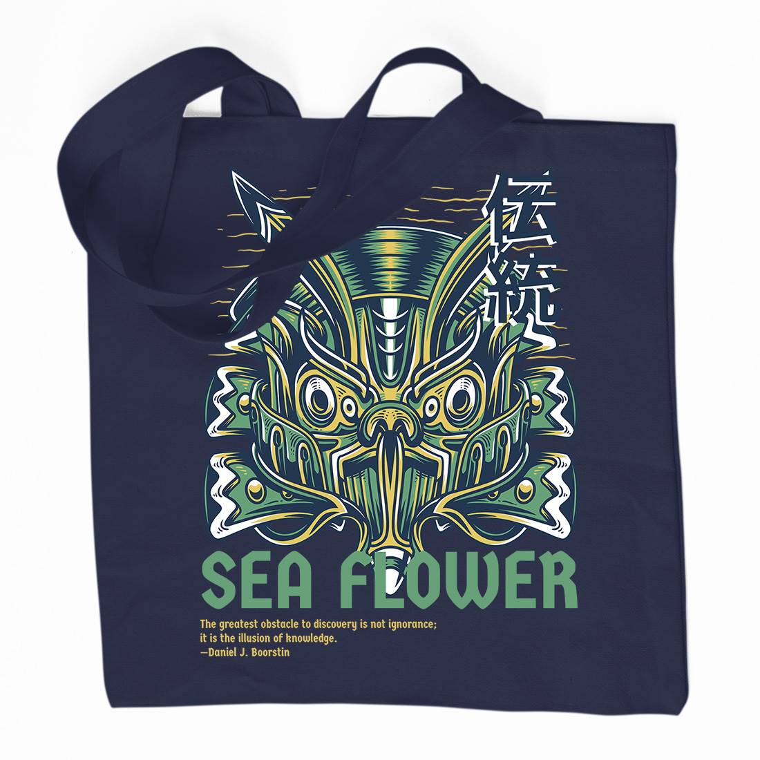 Sea Flower Organic Premium Cotton Tote Bag Navy D810