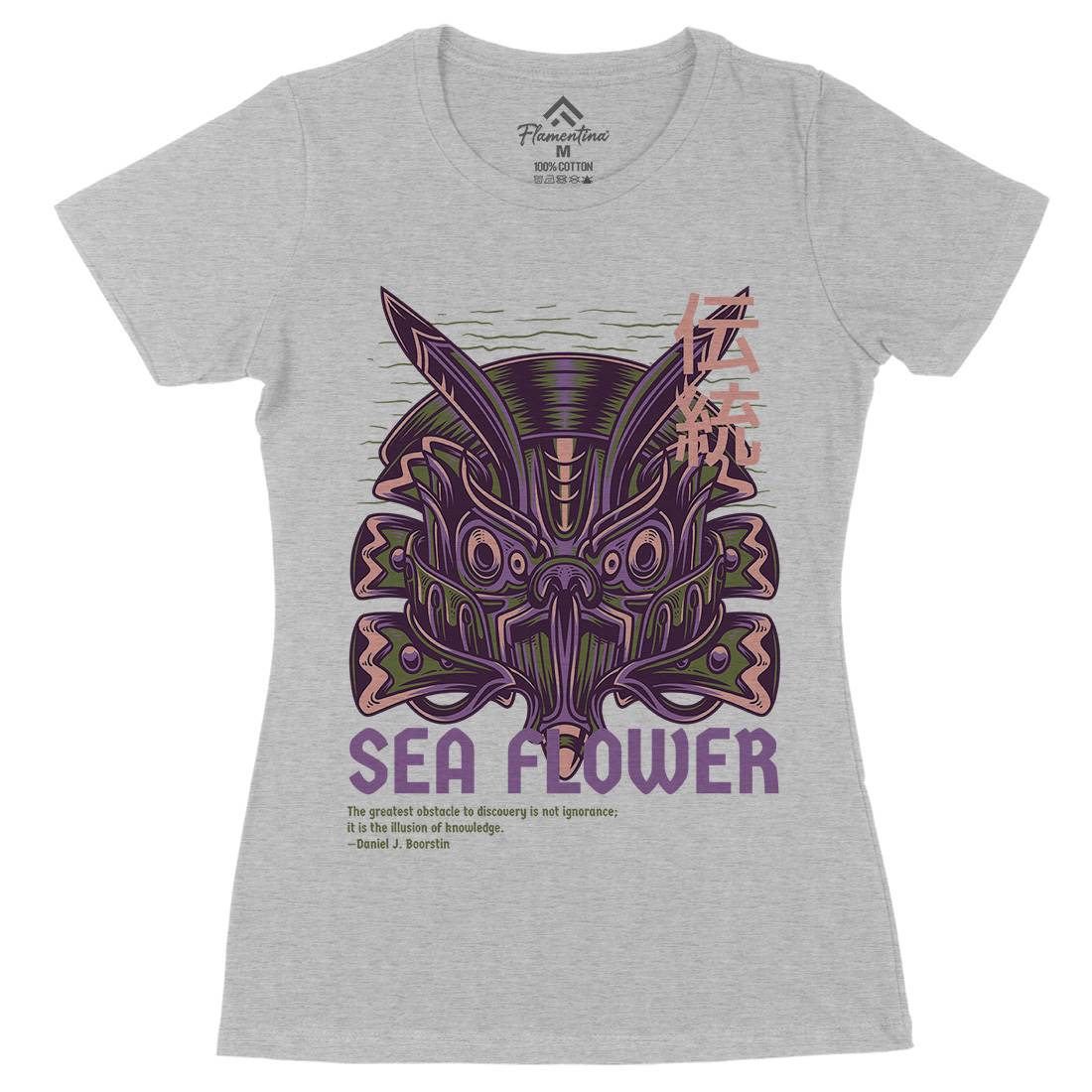 Sea Flower Womens Organic Crew Neck T-Shirt Navy D810