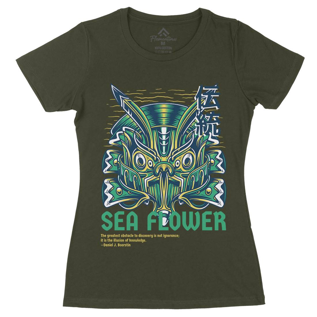 Sea Flower Womens Organic Crew Neck T-Shirt Navy D810
