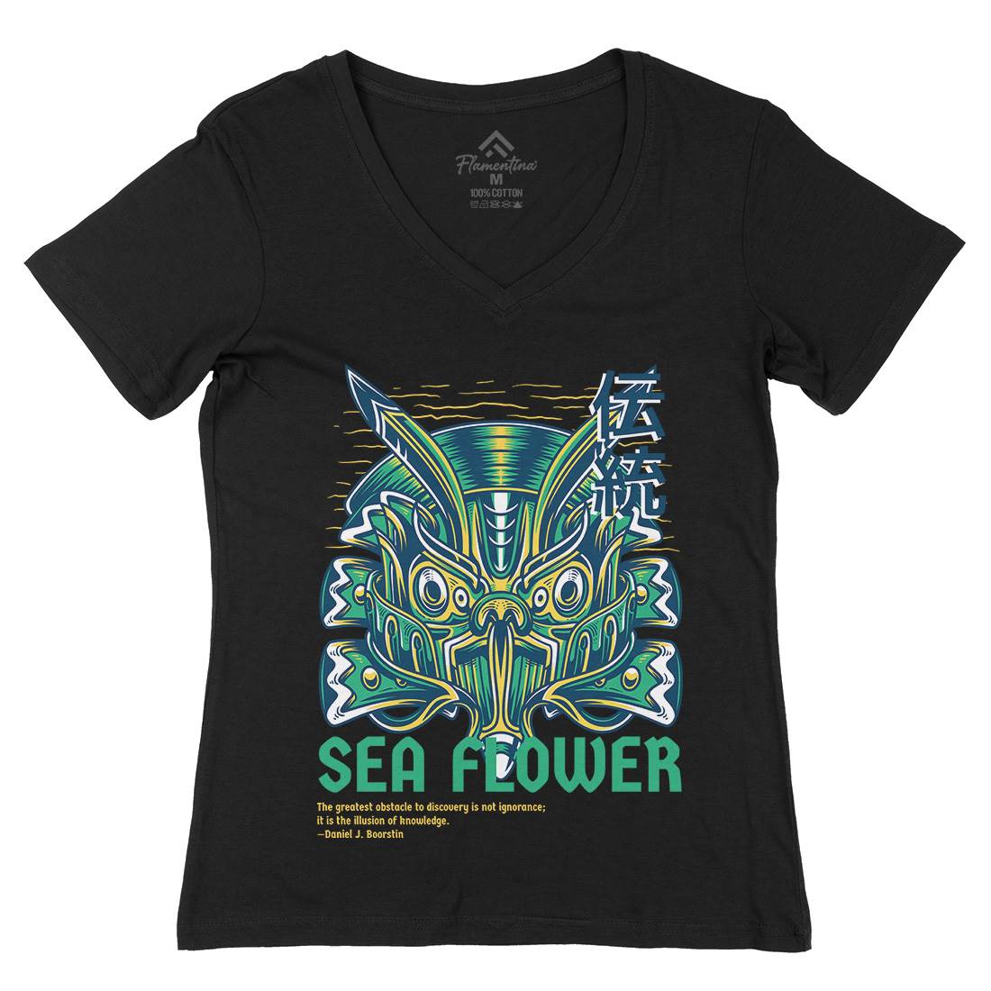 Sea Flower Womens Organic V-Neck T-Shirt Navy D810