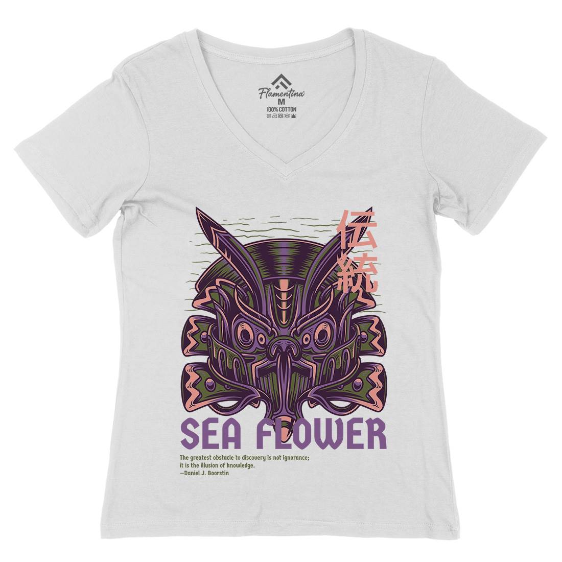 Sea Flower Womens Organic V-Neck T-Shirt Navy D810