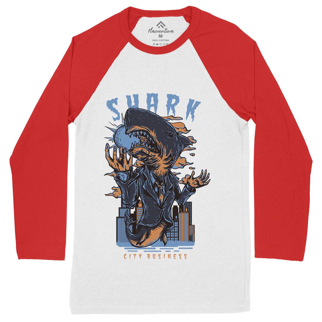 Shark City Mens Long Sleeve Baseball T-Shirt Horror D813
