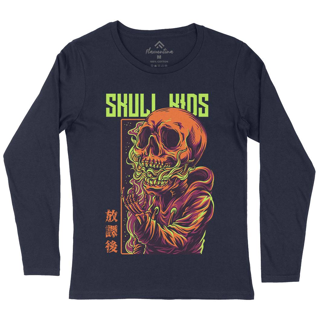 Skull Kids Womens Long Sleeve T-Shirt Horror D816