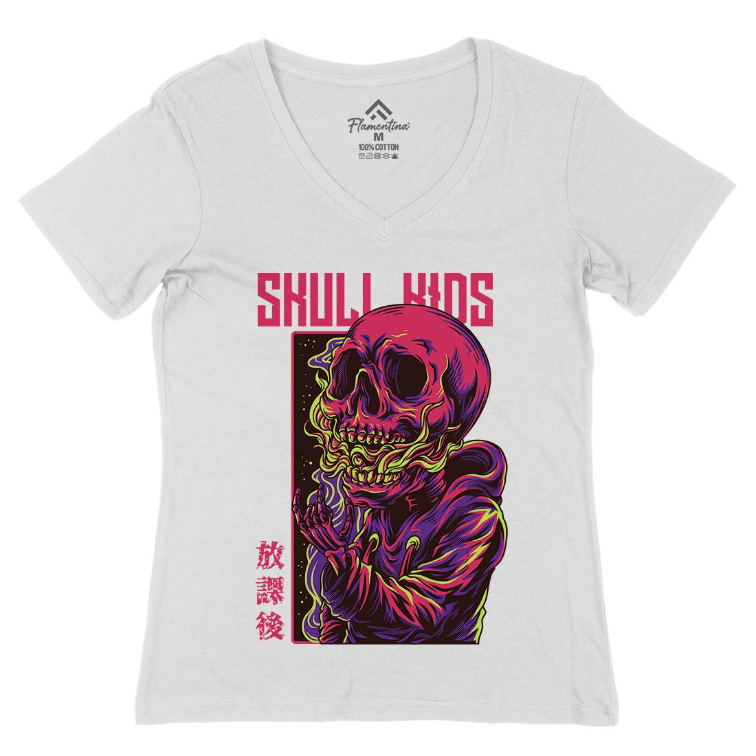 Skull Kids Womens Organic V-Neck T-Shirt Horror D816