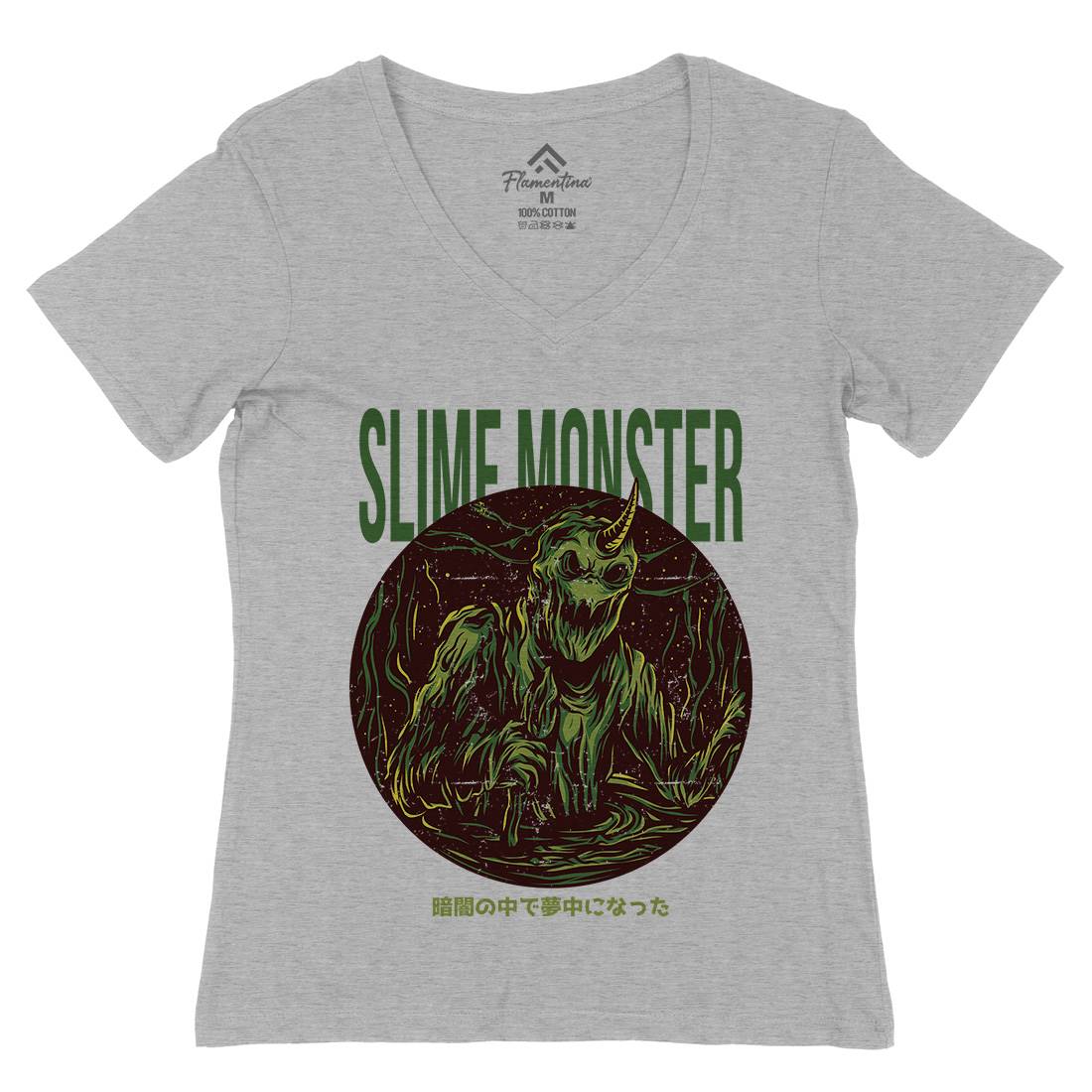 Slime Monster Womens Organic V-Neck T-Shirt Horror D822